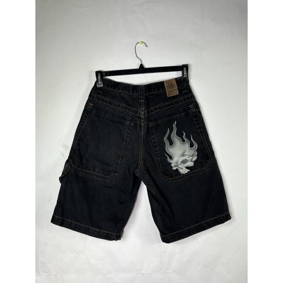 JNCO Jeans Shorts Flaming Skull Skater Black Denim Jorts Y2K Mens Size 30 - Picture 1 of 14